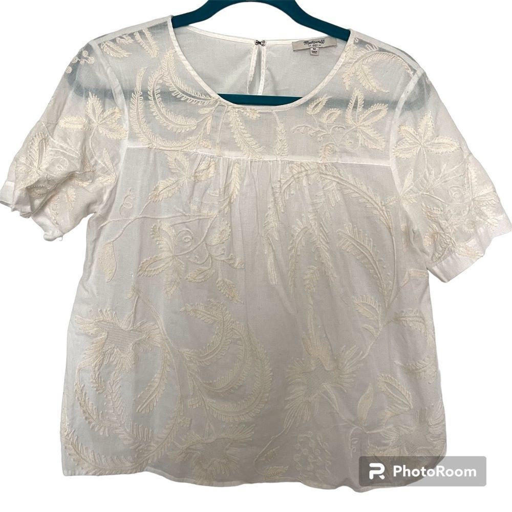 Madewell Cream & White Floral Embroidered Cotton Top Size Medium